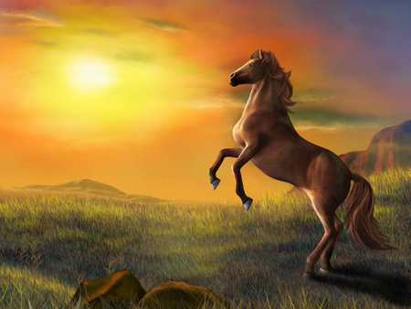 Rising horse over a beautiful landscape at sunset. Digital illustration.の写真素材