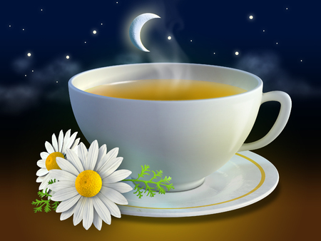 Chamomile cup with some flowers and a night background. Digital illustration.の写真素材