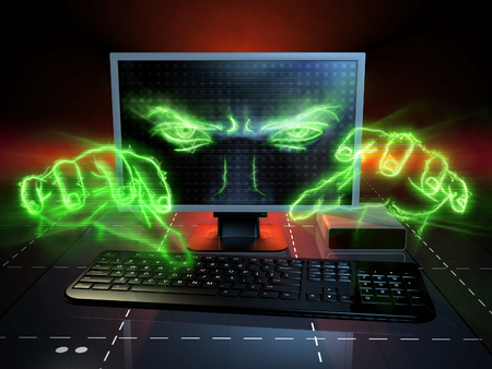 Menacing eyes and hands coming out from a computer monitor. Digital illustration.の写真素材