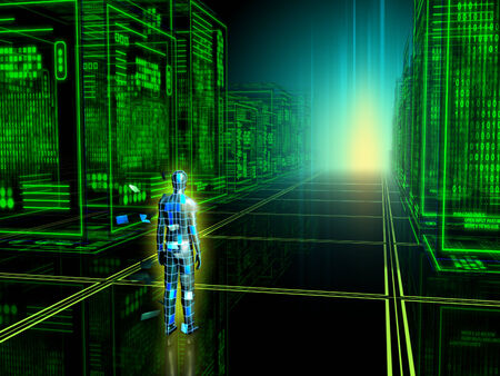 Human figure entering into a virtual reality. Digital illustration.の写真素材