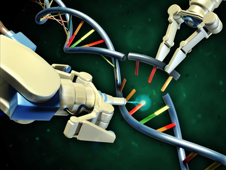 Two robotic arms modifying a dna helix. Digital illustration.の写真素材