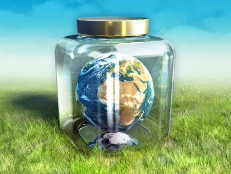 Planet Earth is held inside a glass jar to protect it. Digital illustration.の写真素材
