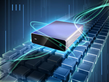 Hard disk enclosure flying through a beautiful cyber scene with rows of cubes and glowing lines. Digital illustration.の写真素材