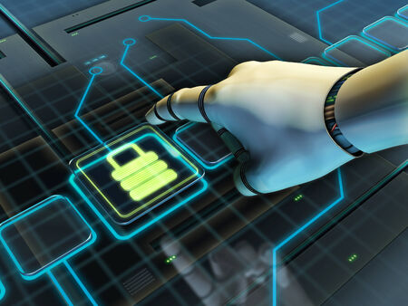 Robotic hand pressing a lock button. Digital illustration.の写真素材