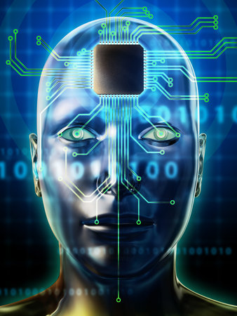 Human head with a microprocessor as brain. Digital illustration.の写真素材