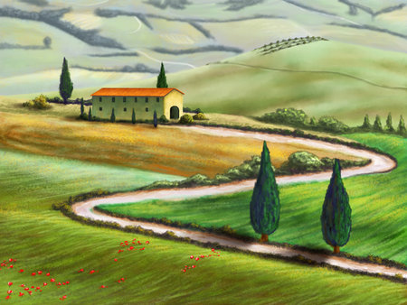 Farmland in Tuscany, Italy. Original digital illustration.の写真素材