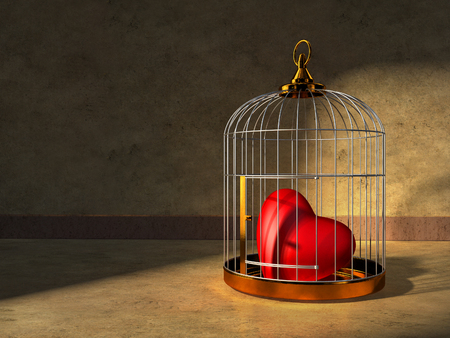A red heart kept closed in a shiny metal cage. Digital illustration.の写真素材