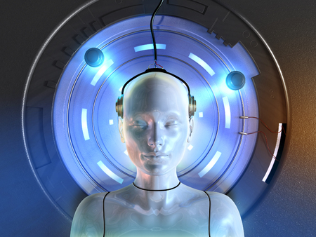 Android connected to some futuristic machinery. Digital illustration.の写真素材