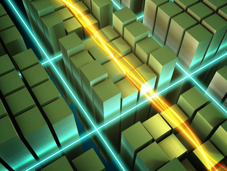 High technology background. Orange and blue energy streams flowing between geometrical structures....