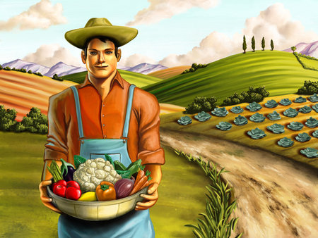 Farmer holding a basket full of fresh vegetables. Hand painted digital illustration.の写真素材
