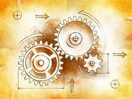 A drawing of some gear-work on an old an stained piece of paper. Digital illustration.の写真素材