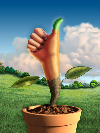 Man hand with a green thumb, growing from a pot. Digital illustration.の写真素材