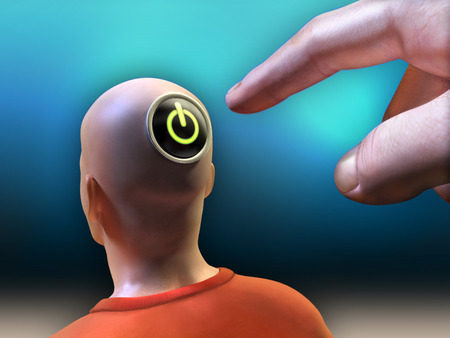 Hand is pushing a power button located on the head of a man. Inclueded clipping path to separate...