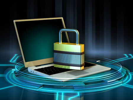 Big lock sitting on top of an open laptop computer. Digital illustration.