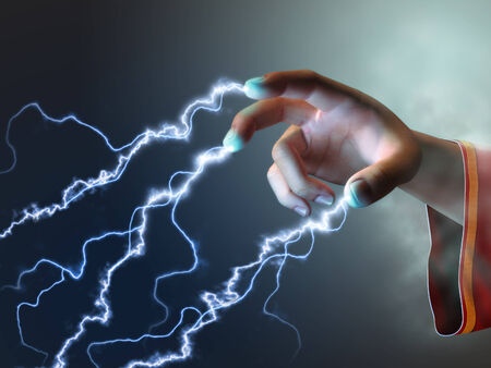 Magician using its fingers to create some energy bolts. Digital illustration.の写真素材