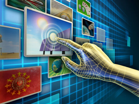 Hand using a touch-screen interface to browse through an image database. Digital illustration.