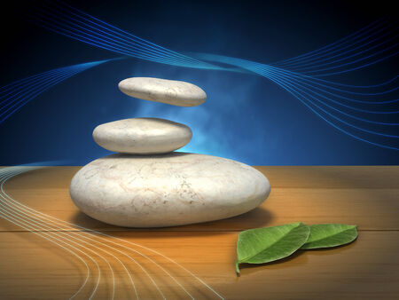 Some smooth stones and leaves on a wooden surface. Digital illustration.の写真素材