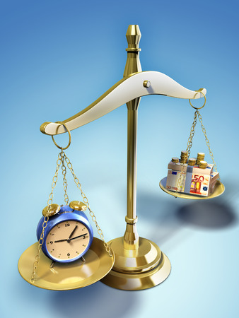 Alarm clock and money on a balance. Digital illustration.の写真素材