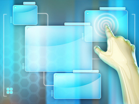 Android hand using a touchscreen to activate some interface elements. Copyspace available to insert your own text or images. Digital illustration.の写真素材