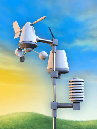 Wireless weather station including an anemometer, a pluviometer and a temperature sensor. Digital illustration.の写真素材