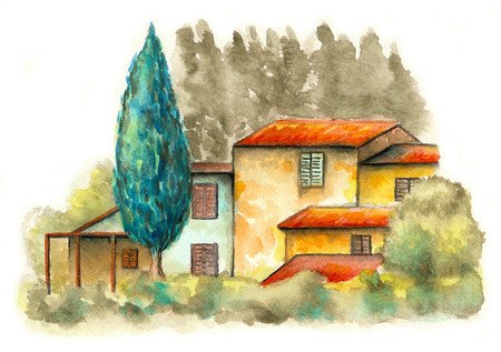 Rural landscape with a country house and some trees. Original watercolor.の写真素材