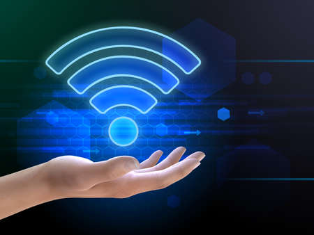 Wifi symbol over an open hand. 3D illustration.の写真素材