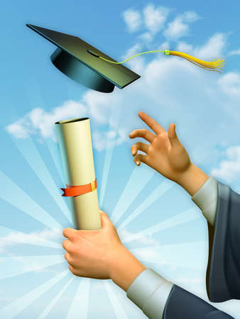 Graduate holding up diploma and celebrating. 3D illustration.の写真素材