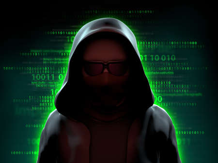 Mysterious hacker standing over a code background. 3D illustration.の写真素材