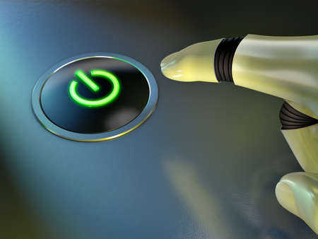 hand pushing a glowing power button. 3D illustration.