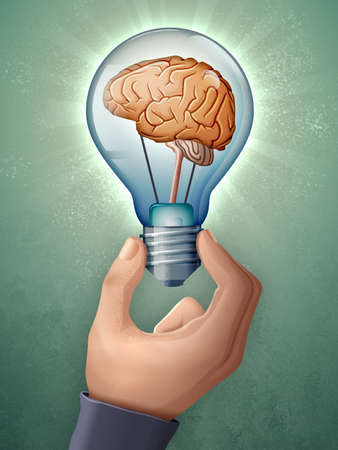 Human brain inside a lightbulb. Digital illustration.の写真素材