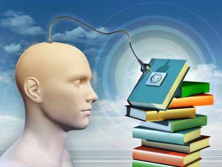 Human mind connecting to a pile of books. 3D illustration.