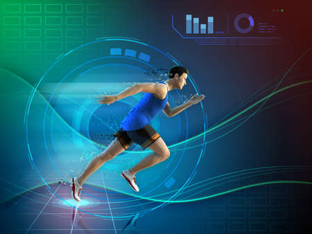 Male athlete running over a futuristic background. 3D illustration.