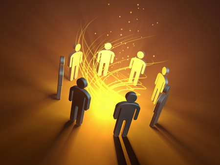 People icons gathering around a glowing orange light source. 3D illustration.の写真素材