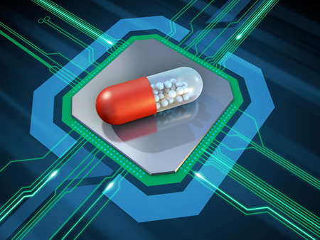 Drug capsule on a microprocessor. 3D illustration.