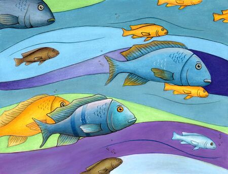 Decorative composition of some colorful fishes. Mixed media illustration on paper.の写真素材