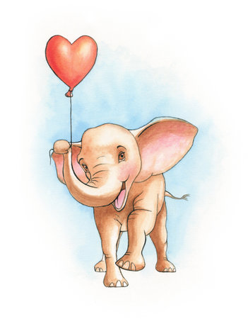 Cute elephant holding an heart shaped balloon. Watercolor illustration on paper.の写真素材