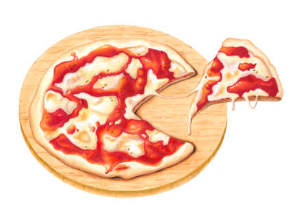 Sliced margherita pizza on a wood plate. Traditional illustration on paper.の写真素材
