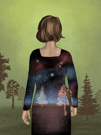 Girl standing on the edge of a forest. Her dress is a window to a night landscape. Digital illustration.の写真素材
