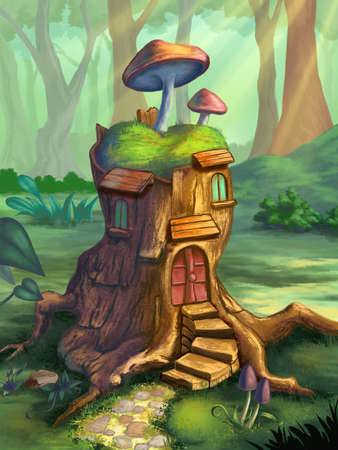 tiny house built in a tree stump by some woodland creature. Digital illustration.の写真素材
