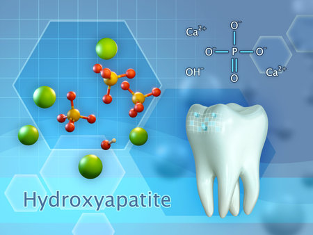 Hydroxyapatite chemical formula. Digital illustration, 3D rendering.の写真素材