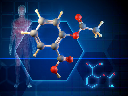 Acetylsalicylic acid molecule formula and 3D diagram. Digital illustration, 3D render.の写真素材