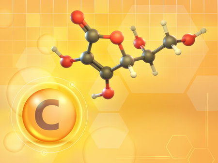 Vitamin C molecule 3D diagram. Digital illustration, 3D render.の写真素材