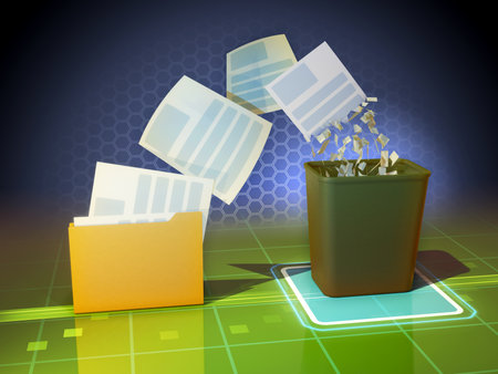 Some digital documents going from a file folder to a trashcan. Digital illustration, 3D rendering.の写真素材