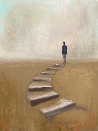 Man standing at the end of some stairs on a textured background. Digital hand painted illustration.の写真素材