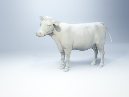 Side view of a white cow sculpture over a brightly lit background. Digital illustration, 3D render.の写真素材
