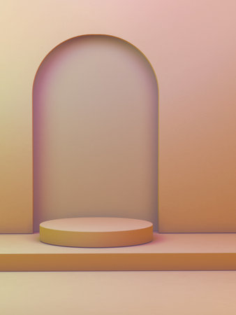 Minimalist space with arch and platform. Digital illustration, 3D rendering.の写真素材