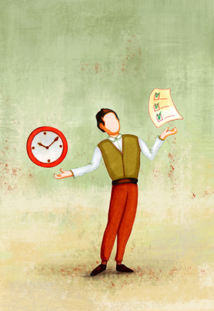 Man showing a clock and a to-do list. Conceptual image for completing tasks and time management. Original hand drawn illustration.の写真素材