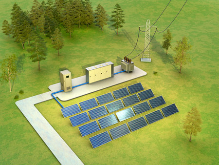 Solar power plant schematic including an inverter, battery and transformer. Digital illustration, 3D render.の写真素材