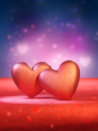 Two red hearts on a velvet surface. Colorful, out of focus background. Digital illustration, 3D rendering.の写真素材
