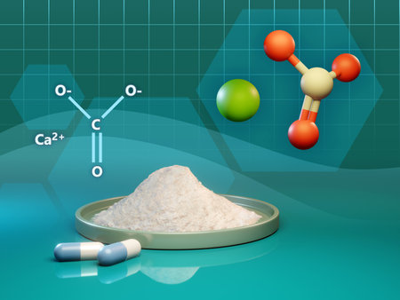 Calcium carbonate molecule formula and 3D diagram. Digital illustration, 3D render.の写真素材